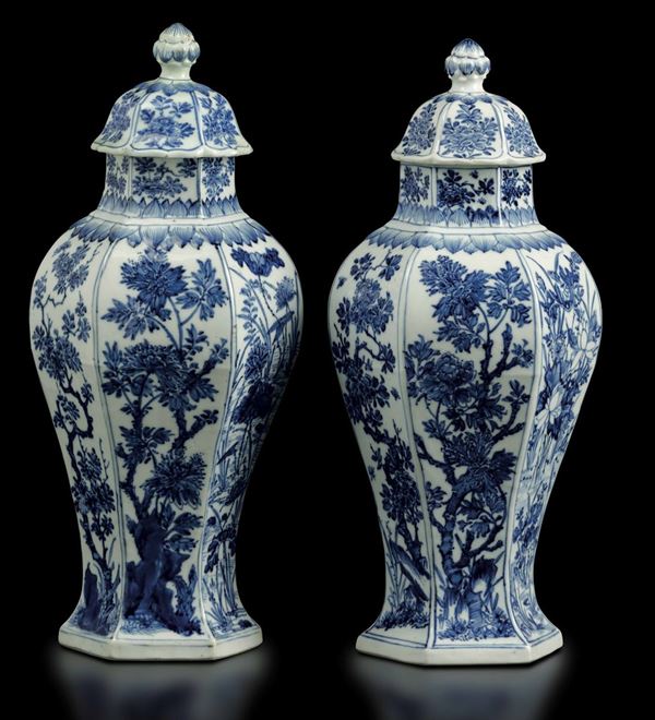 Coppia di potiches in porcellana bianca e blu con soggetti naturalistici e decori floreali, Cina, Dinastia Qing, epoca Kangxi (1662-1722)