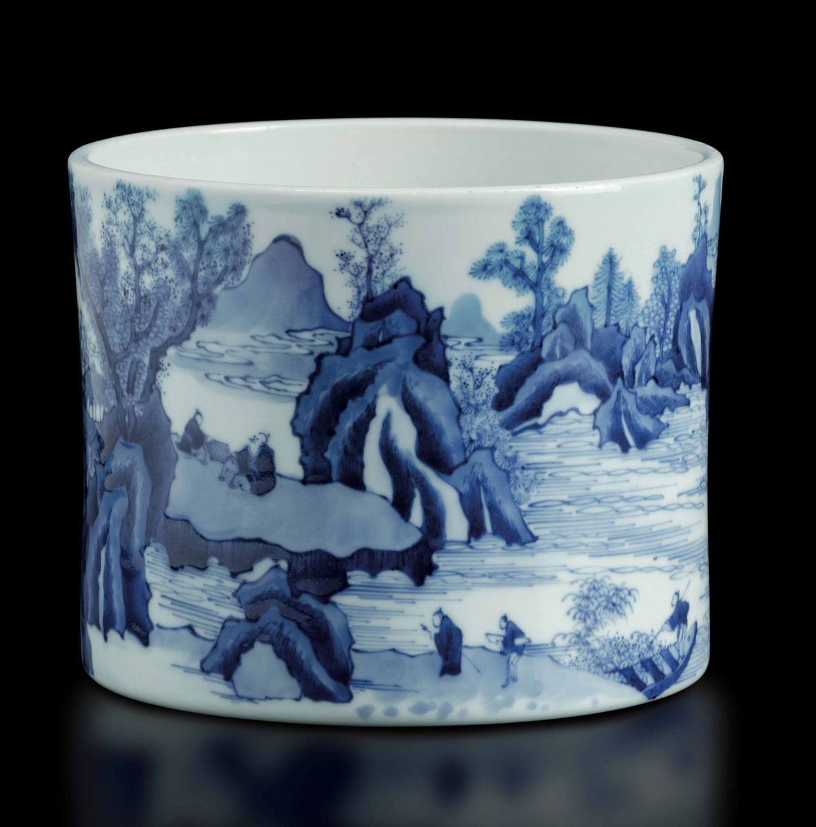 Portapennelli in Porcellana Bianca e Blu con Raffigurazione di Paesaggio in Stile Master Of The R...