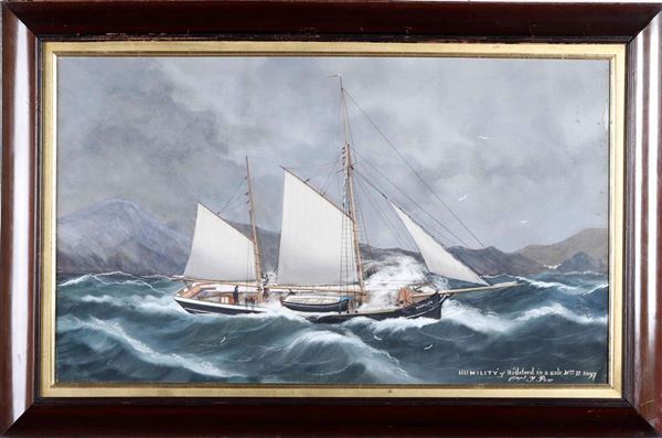 Scuola inglese del XIX-XX secolo Ritratto del veliero "Humility" con mare in tempesta, 1897