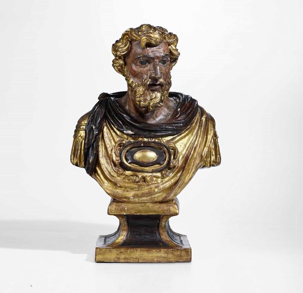 Santo Busto reliquiario in legno scolpito, dipinto e dorato Arte proto barocca Roma (?) Inizio del XVII secolo