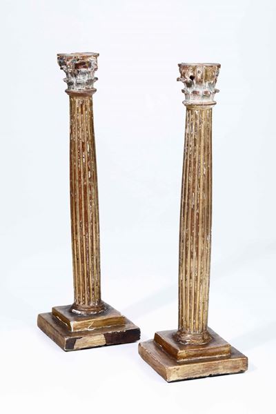 Coppia di Colonne. Legno Intagliato e Dorato XIX Secolo