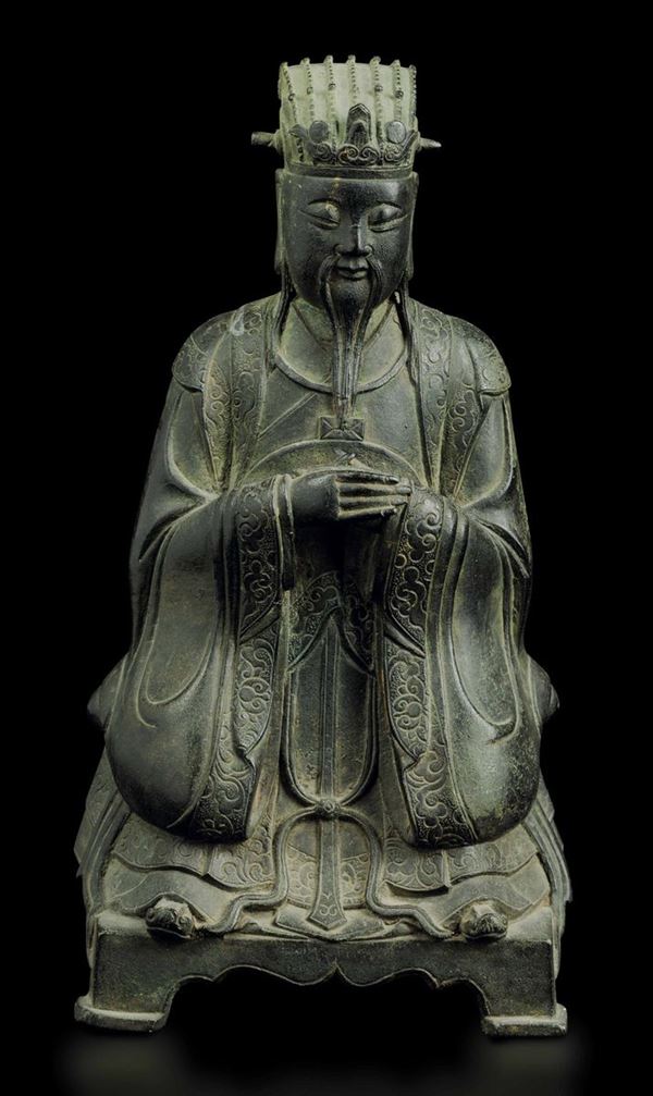 Figura di dignitario seduto in bronzo, Cina, Dinastia Ming, XVII secolo
