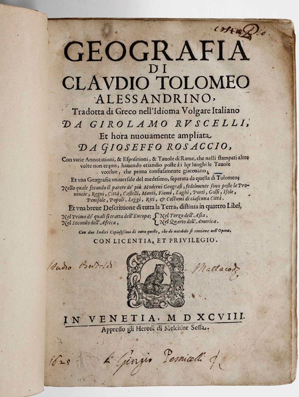 Tolomeo Claudio Geografia di Claudio Tolomeo Alessandrino... in Venezia presso gli Heredi di Melchiorre Sessa, 1598.