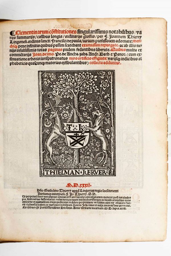 Clemente V (Thierry Joe) Clementinarum costitutiones sigularissimus notabilibus... Parigi, Thielman Kervel -  Joannes Petit, 1522.