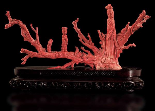 A branch with figures in coral, China, early 1900s
