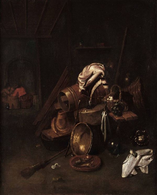 Willem Kalf (Rotterdam 1619 - Amsterdam 1693) Natura morta con vasellame in rame