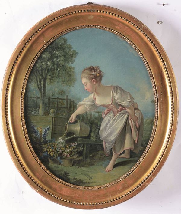 Scuola francese del XVIII secolo Ritratto di fanciulla che annaffia i fiori
