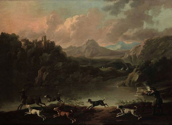 Philipp Peter Roos detto Rosa da Tivoli (Francoforte sul Meno 1655 - Tivoli 1706) Caccia al cervo lungo il fiume