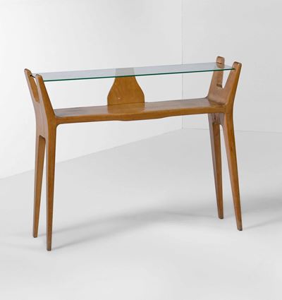 Consolle con Struttura e Sostegni in Legno. Piano in Cristallo Molato.