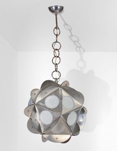Lampada a Sospensione con Struttura in Metallo Cromato e Metallo Laccato.