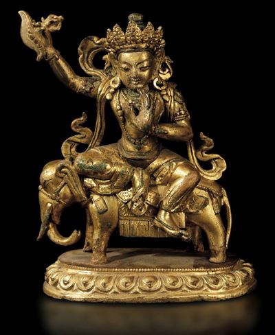 Figura di Samantabhadra in Bronzo Dorato con in Mano Karttrka Seduto su Elefante, Tibet, XVIII Se...