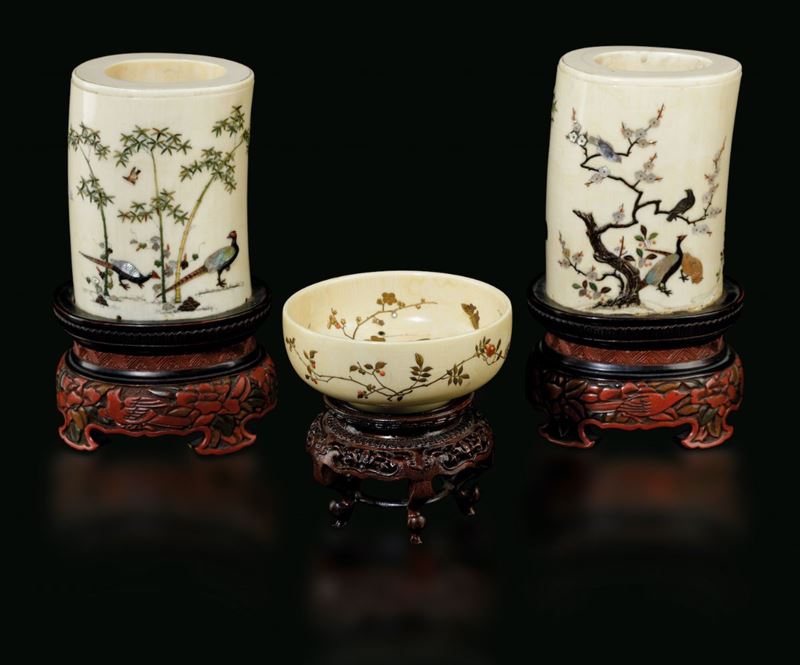 A pair of ivory paintbrush holders and bowl, Japan  - Auction Fine Chinese Works of Art - Cambi Casa d'Aste