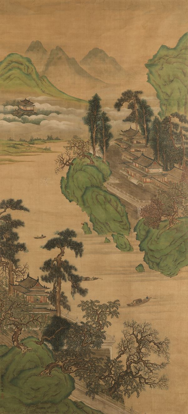Dipinto su seta raffigurante paesaggio fluviale con imbarcazione, pagode e iscrizione, Cina, Dinastia Qing, XIX secolo