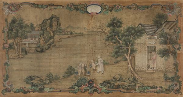 Grande dipinto su seta raffigurante scena di vita comune con contadini entro cornice con decori a volute, Cina, Dinastia Qing, epoca Qianlong (1736-1796)