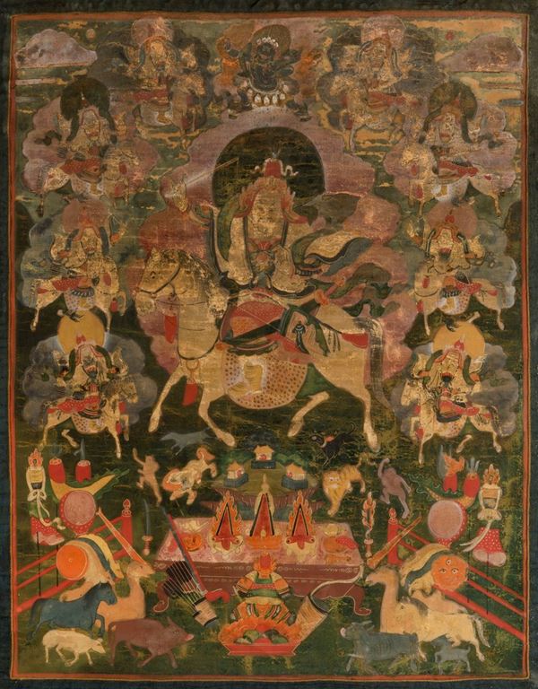 Thangka su seta con Amitayus centrale e altre divinità, Tibet, fine XIX secolo