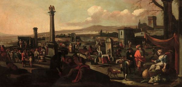 Scuola fiamminga del XVIII secolo Scena di mercato