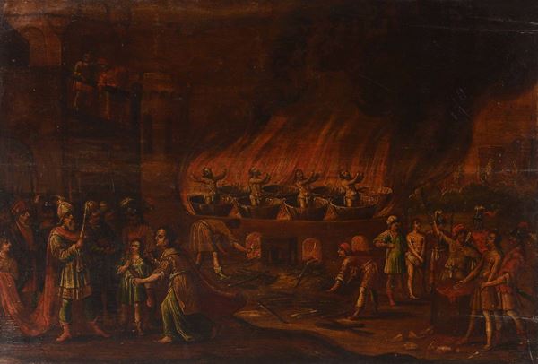 Scuola fiamminga XVII secolo Notturno con scena di martirio