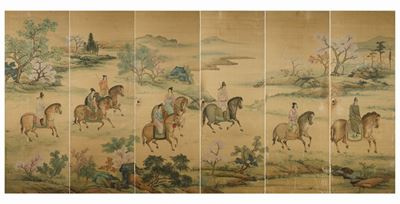 Sei Grandi Pannelli Dipinti su Seta Raffiguranti Personaggi a Cavallo Entro Paesaggio, Cina, Dina...