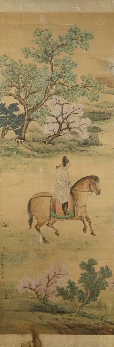 Sei Grandi Pannelli Dipinti su Seta Raffiguranti Personaggi a Cavallo Entro Paesaggio, Cina, Dina...