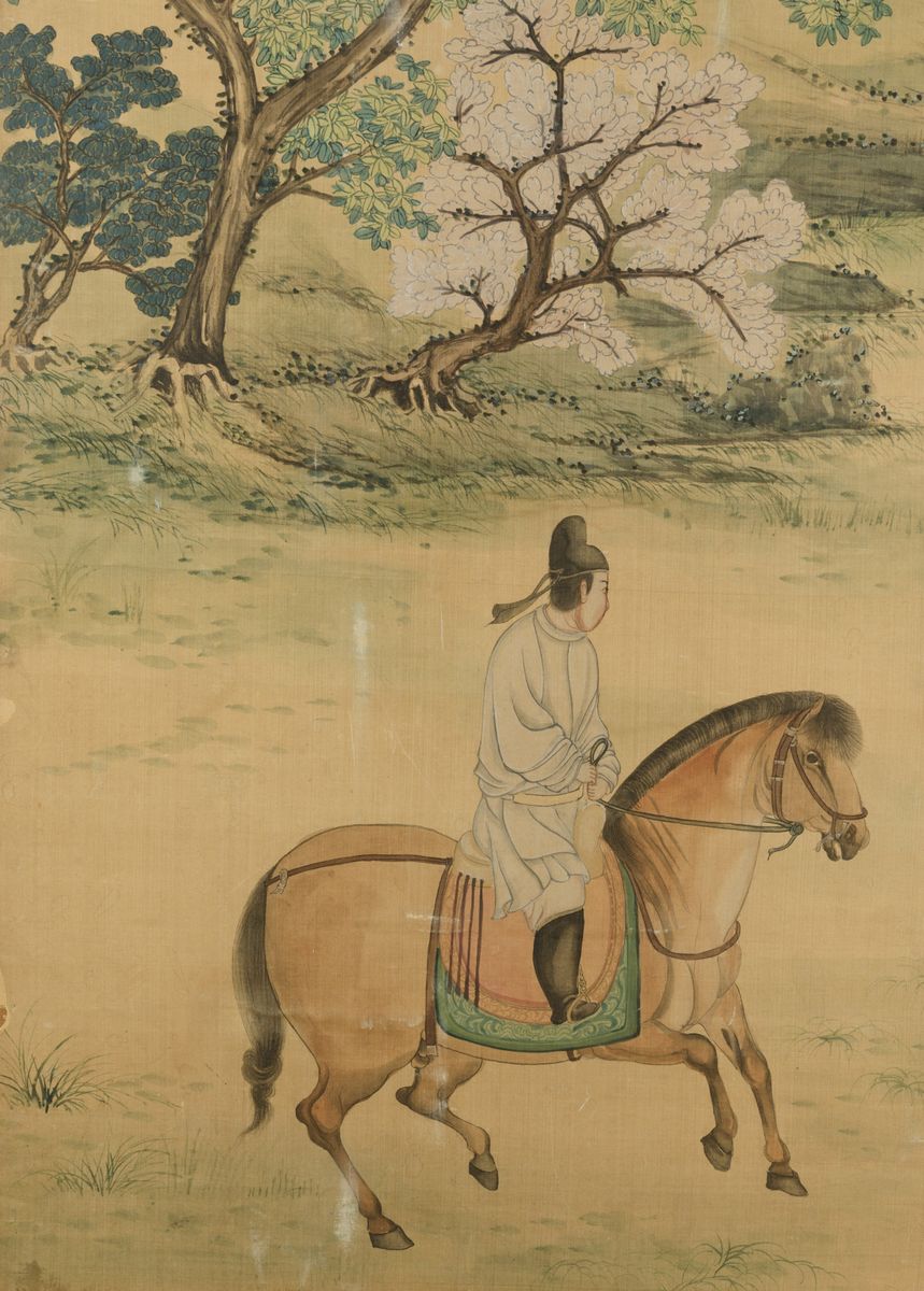 Sei Grandi Pannelli Dipinti su Seta Raffiguranti Personaggi a Cavallo Entro Paesaggio, Cina, Dina...