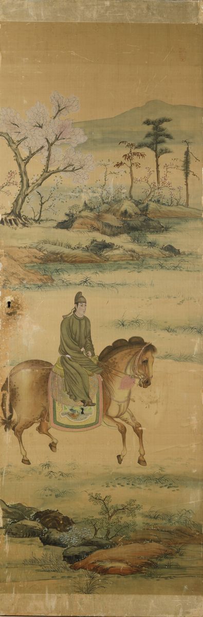 Sei Grandi Pannelli Dipinti su Seta Raffiguranti Personaggi a Cavallo Entro Paesaggio, Cina, Dina...