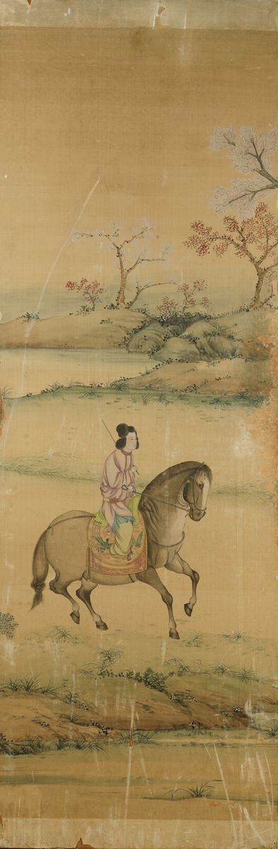 Sei Grandi Pannelli Dipinti su Seta Raffiguranti Personaggi a Cavallo Entro Paesaggio, Cina, Dina...