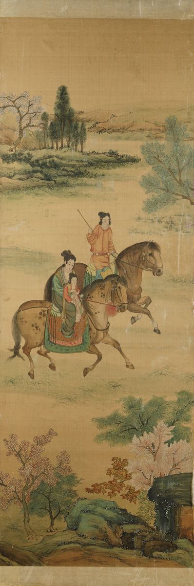 Sei Grandi Pannelli Dipinti su Seta Raffiguranti Personaggi a Cavallo Entro Paesaggio, Cina, Dina...