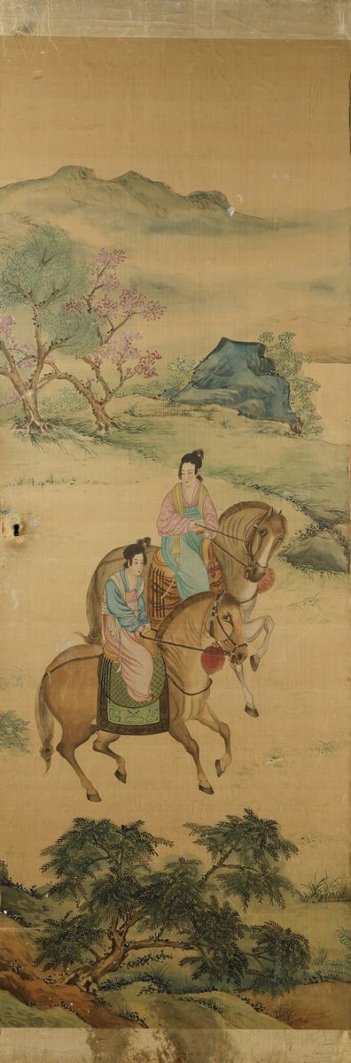 Sei Grandi Pannelli Dipinti su Seta Raffiguranti Personaggi a Cavallo Entro Paesaggio, Cina, Dina...