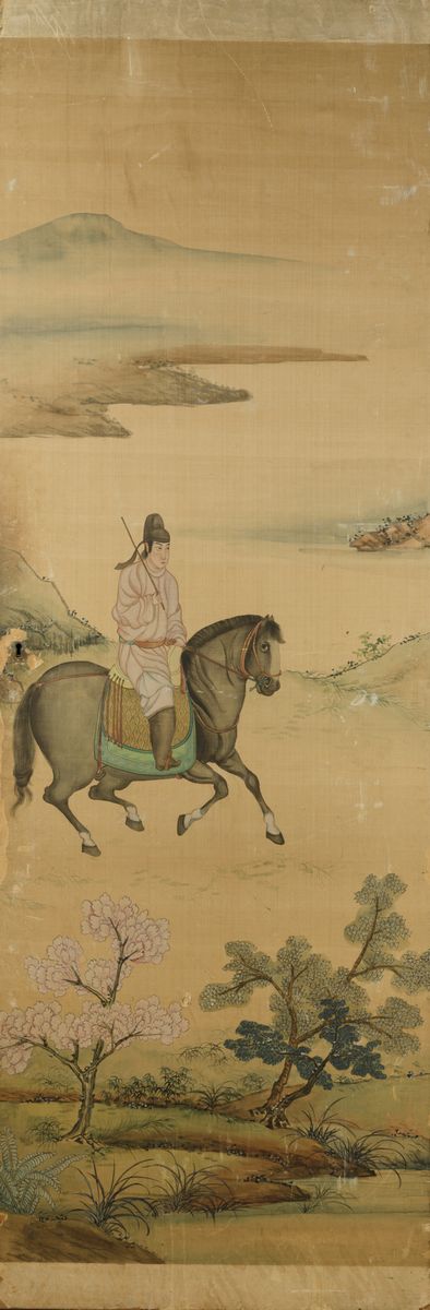 Sei Grandi Pannelli Dipinti su Seta Raffiguranti Personaggi a Cavallo Entro Paesaggio, Cina, Dina...