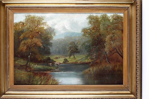 Pittore del XIX-XX secolo Paesaggio lacustre con mucche