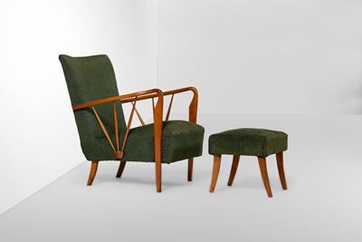Set di Poltrona e Pouf con Struttura in Legno e Rivestimento in Tessuto.