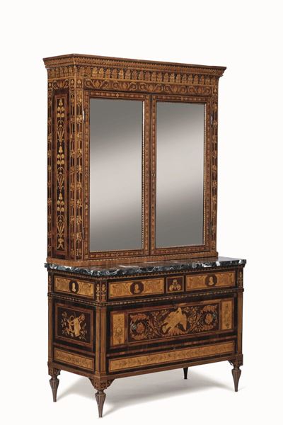 Commode con Alzata. Impiallacciata e Intarsiata con Pregiate Essenze Lignee, Piano in Marmo Verde...