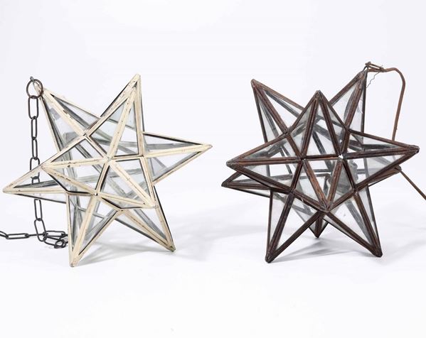Coppia di lampadari a stella in vetro e metallo, XIX-XX secolo