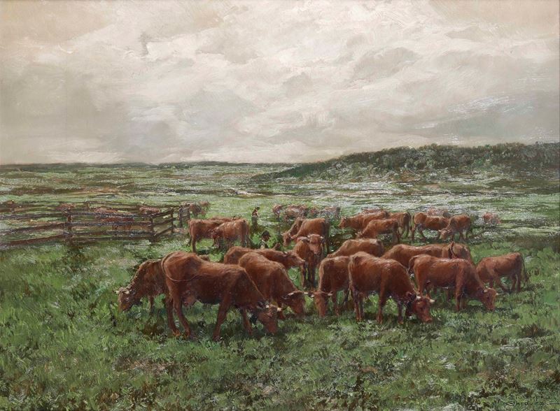 Giuseppe Gheduzzi : Mucche al pascolo  - Olio su tavoletta - Asta Dipinti del XIX e XX secolo - Cambi Casa d'Aste
