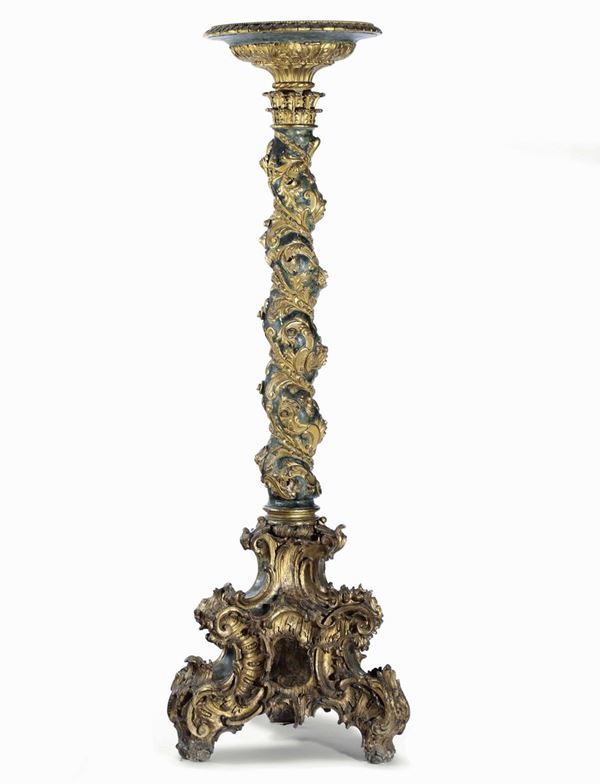 Monumentale torciera Legno scolpito, dipinto e dorato Arte barocca del XVII-XVIII secolo