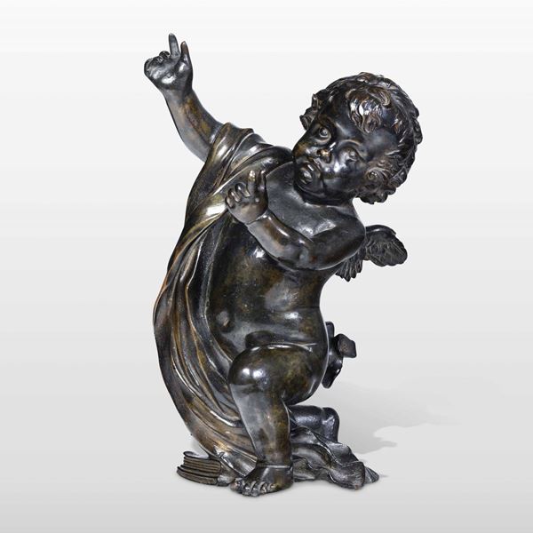 Putto alato Bronzo fuso, cesellato e patinato Arte Barocca Italiana XVII secolo