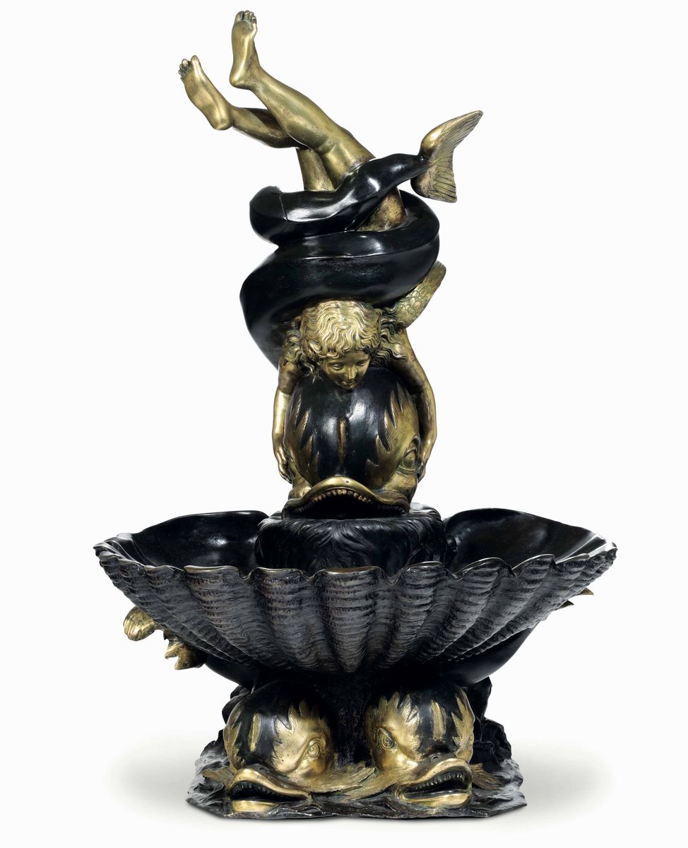Fontana Bronzo Fuso, Cesellato, Patinato e Dorato Fonditore del XX Secolo
