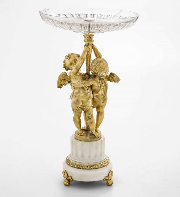 Centrotavola in bronzo dorato, marmo e vetro molato. Manifattura del XX secolo