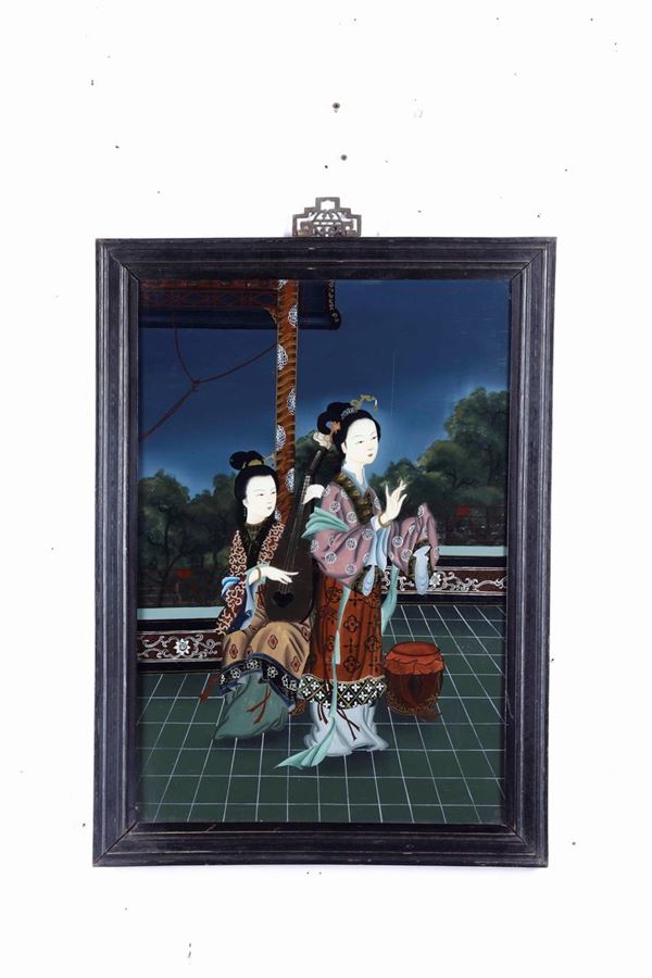 Cinque dipinti su vetro raffiguranti scene di vita comune, Cina, XX secolo