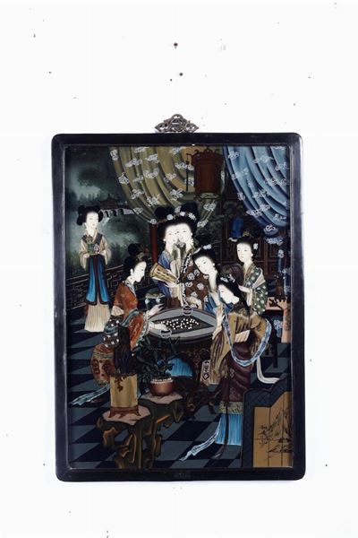 Coppia di dipinti su vetro, scene di vita comune con cortigiane, Cina, XX secolo