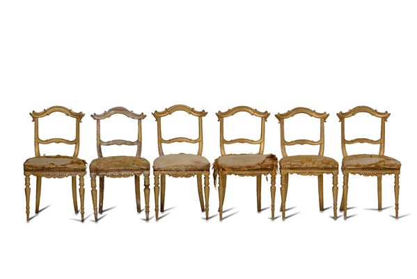 Sei sedie Luigi XIV in legno dorato, XVIII secolo