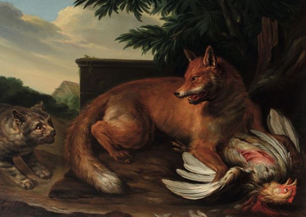 Scuola fiamminga del XVIII secolo Contesa tra volpe e gatto per una gallina