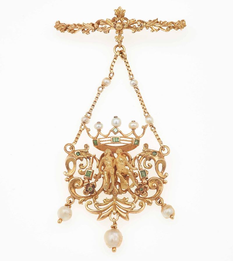 Spilla/pendente con piccole perle e smeraldi  - Auction Fine Jewels - Cambi Casa d'Aste