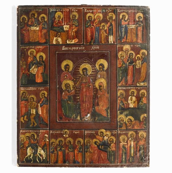 Icona ad olio su tavola raffigurante la Resurrezione di Cristo (al centro) con scene del Vangelo. Scuola russa del XIX secolo