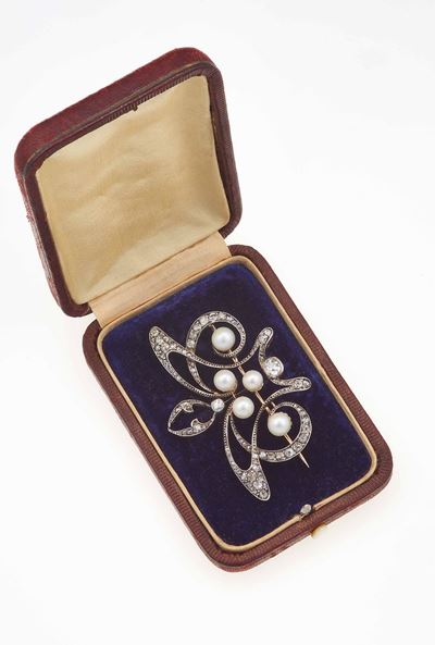 Spilla con Perle e Diamanti di Vecchio Taglio