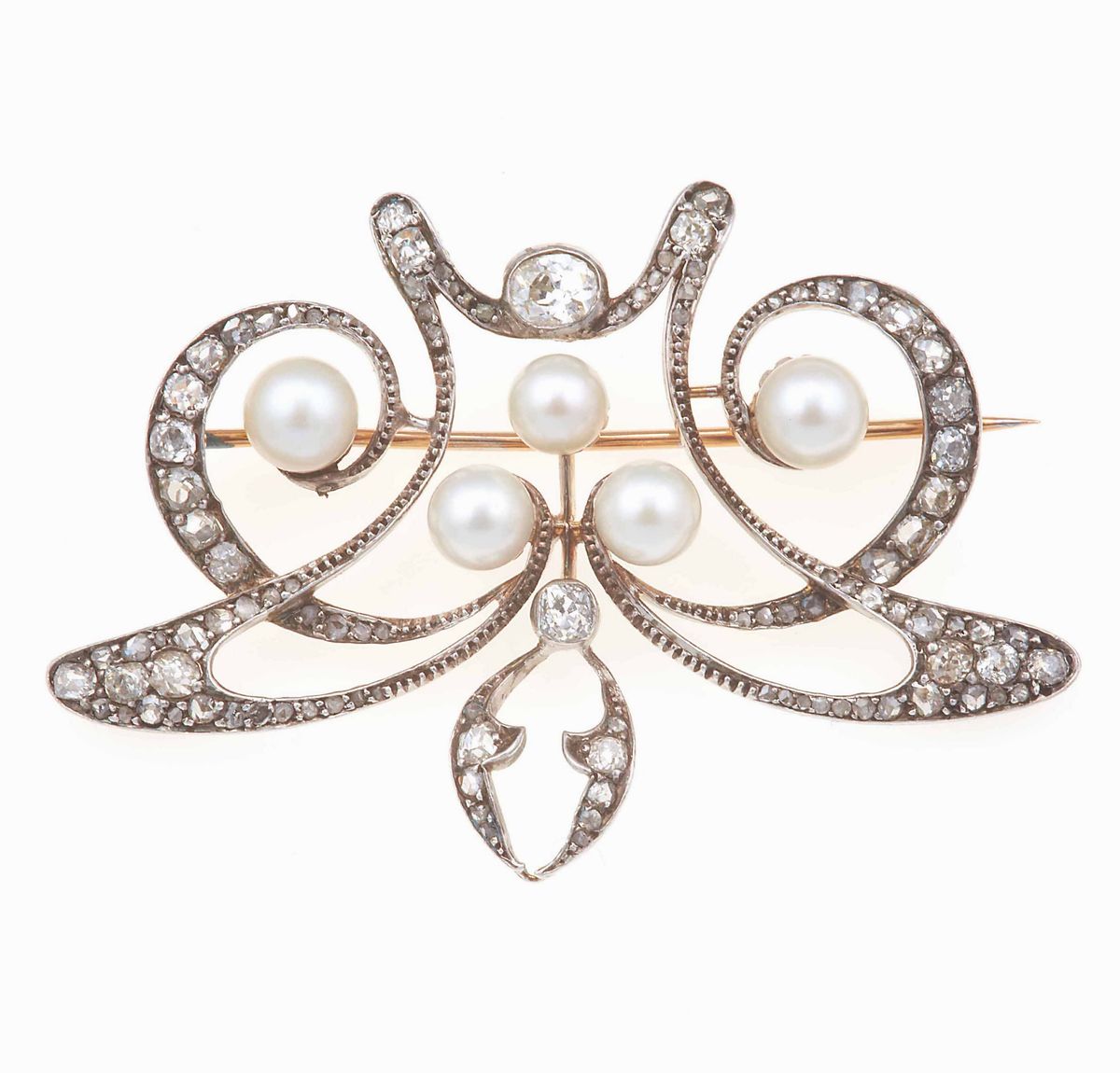 Spilla con Perle e Diamanti di Vecchio Taglio