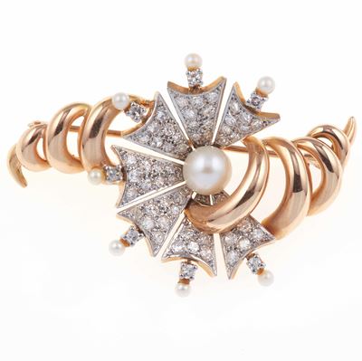 Spilla con Diamanti e Perle Coltivate