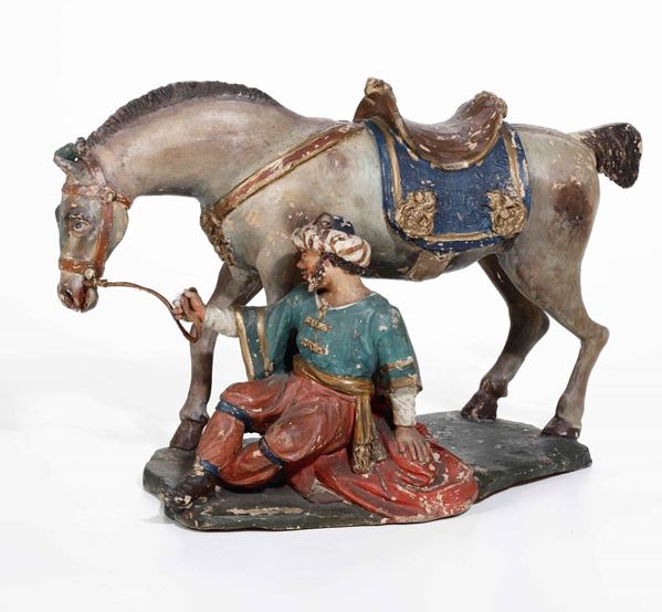 Cavallo da presepe con personaggio in terracotta dipinta, XIX secolo