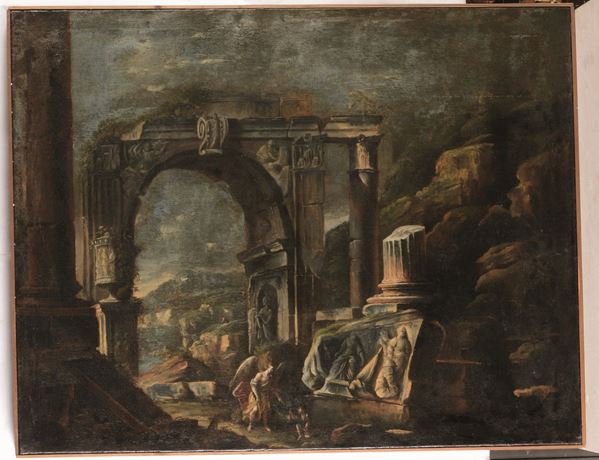 Giovanni Ghisolfi (Milano 1623-1683), ambito di Notturno con figure e architetture