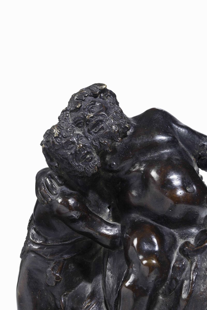 Sileno Ebbro e Satiro Bronzo Fuso, Cesellato e Patinato. Base in Marmo Nero (non Coeva) Fonditore...